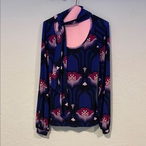 Express Blue and Pink Long Sleeve Tie Front Blouse